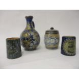 Doulton Lambeth pottery comprising of a tobacco jar and cover, 5 1/2"h, a bulbous jug by Eliza S