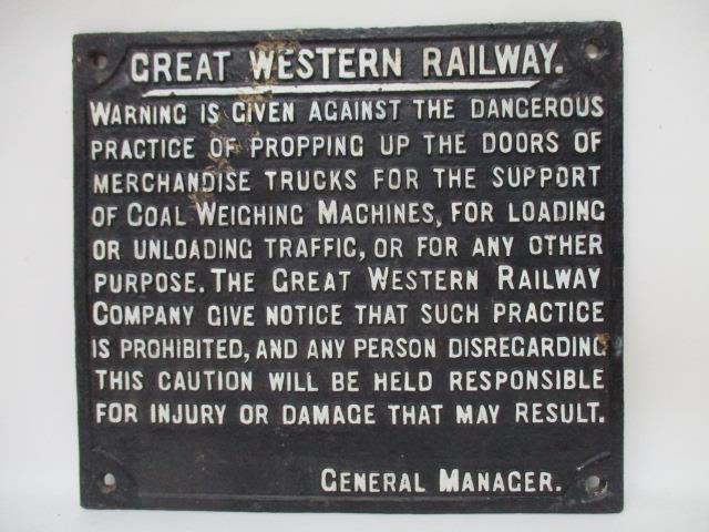 An original painted cast iron 'Great Western Railway' sign 'Warning is given against the dangerous