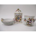 Early/mid 19th century German porcelain comprising a twin handled cache pot, decorated with birds in