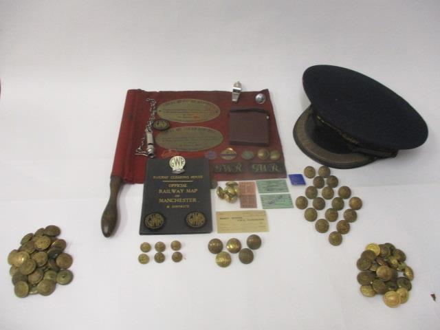 Railway related items to include a J Compton Sons & Webb Ltd, station masters cap with a gilt