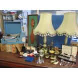 Mixed vintage costume jewellery, a pair of vintage onyx table lamps, mixed cutlery and flatware, a