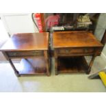 A pair of Tichmarsh and Goodwin oak lamp tables, each with frieze drawer, 23" x 24" x 19"