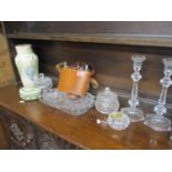 A mixed lot to include glassware, a pair of candlesticks, a vase, a Wedgwood Jasper pot and cover,