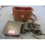 A pair of leather cased military issue Ross binoculars, together with two early 20th century treen