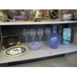 Mixed glassware to include a Gozo glass vase and other items and a Turkish pottery plate