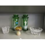 A Hadeland Istind glass candleholder and bowl, a Wedgwood mushroom paperweight and a pair of