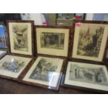 Six 19th century etchings of figures in various settings, all in walnut finished frames