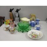 A mixed lot of ceramics and glassware to include an Olde English Castle novelty teapot, two soda