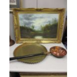 A brass tray with engraved ornament, a copper warming pan and a 1970s rural scene oil on canvas,