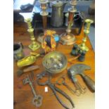 Two pairs of candlesticks, mixed Victorian metalware to include candle scissors and a corkscrew,