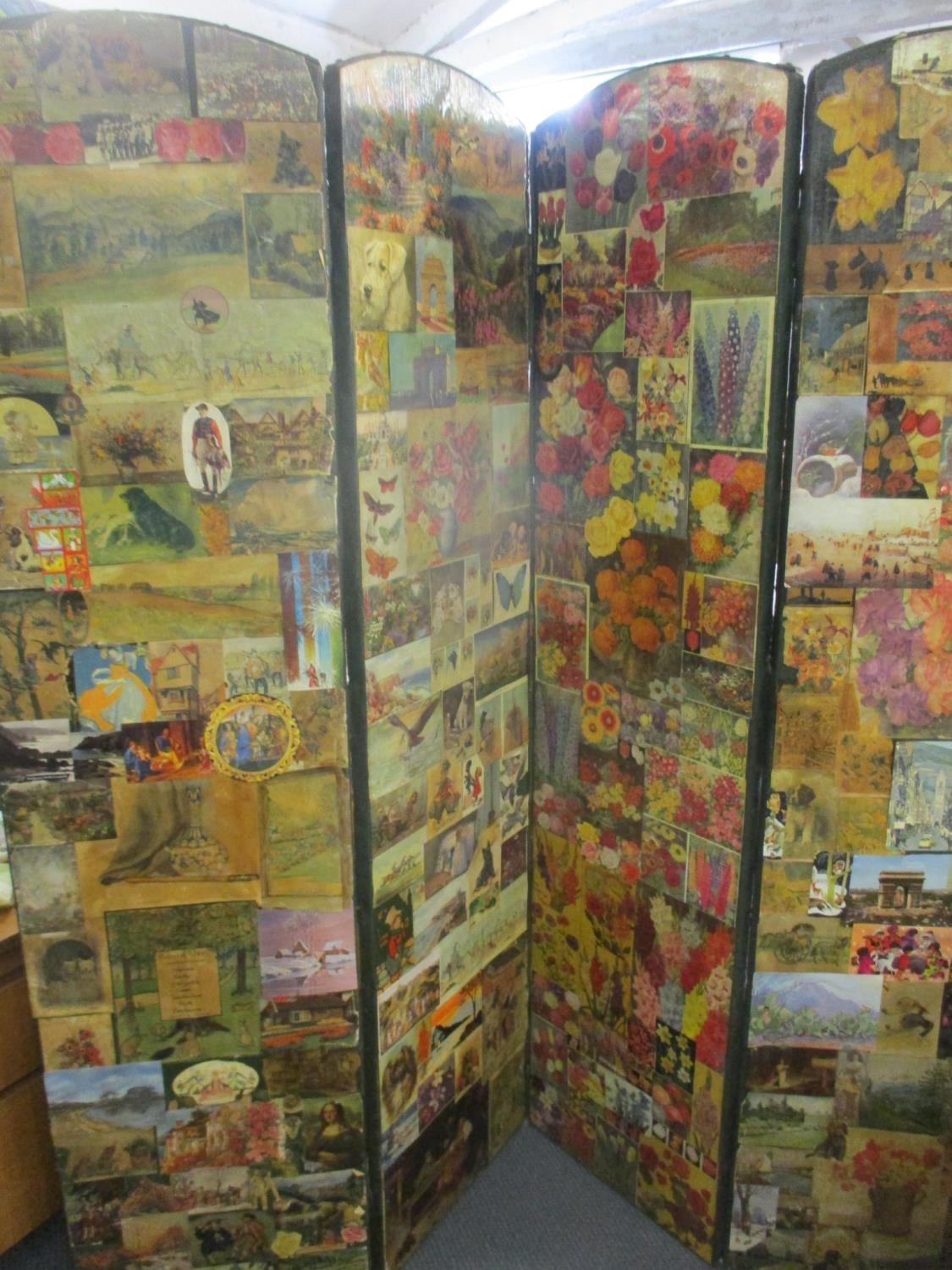 A Victorian decoupage four fold screen to the front and reverse