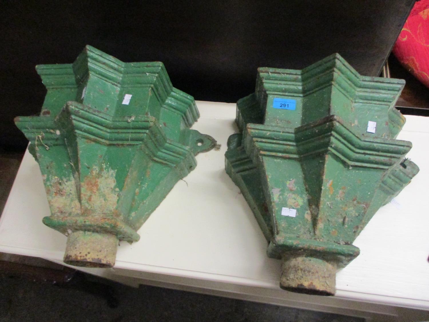 A pair of Victorian green painted, cast iron drain hoppers, 13 3/4"h x 16"w