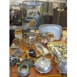 A pair of early 20th century brass piano sconces, a vintage fishing reel and other items of