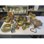 A mixed lot to include Indian brassware and horse brasses, together with three stoneware pots