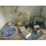 A quantity of oriental artefacts to include three soapstone immortal figures, an oriental lamp and a