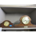 Two Edwardian inlaid mahogany mantle clocks, one with a presentation plaque to the front, dated 1929