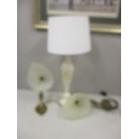 An Italian alabaster table lamp with a white shade and a pair of reproduction Art Nouveau style