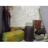 Miscellaneous items to include a vintage brown leather suitcase and two small decorative painted