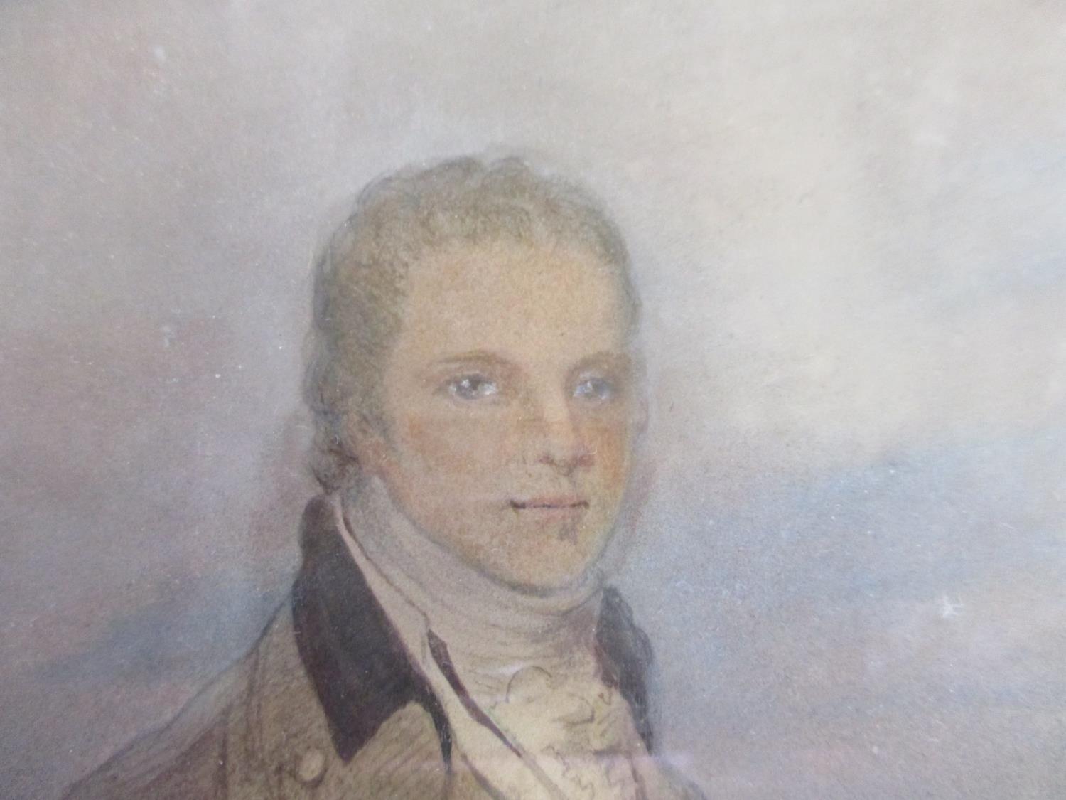 An early 19th century watercolour of a fine gent with a ship in the background - Image 2 of 2