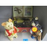 Two 1930s tin plate mechanical toys, together with a vintage tin containing a thimble, a watch and