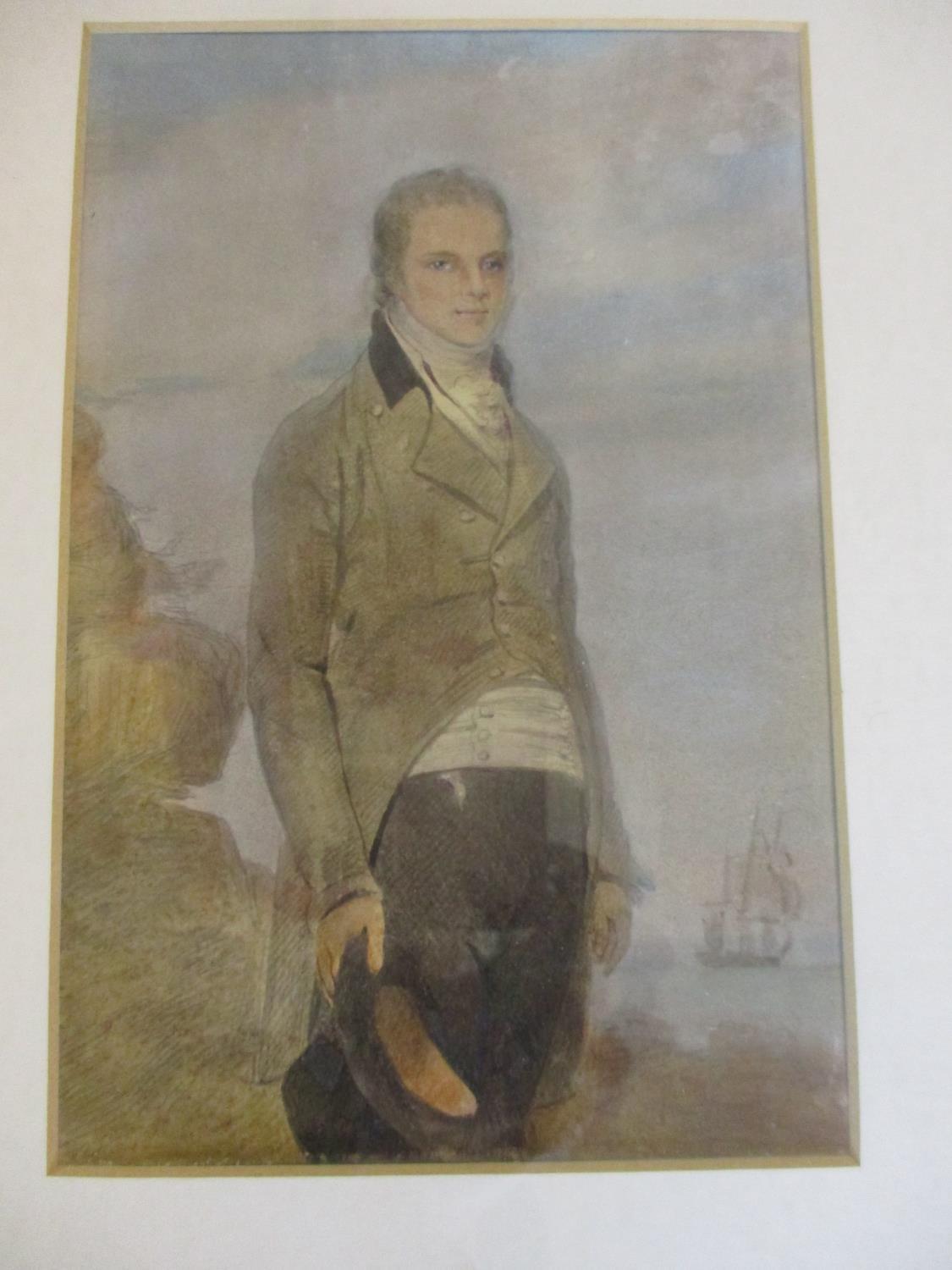 An early 19th century watercolour of a fine gent with a ship in the background