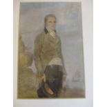 An early 19th century watercolour of a fine gent with a ship in the background