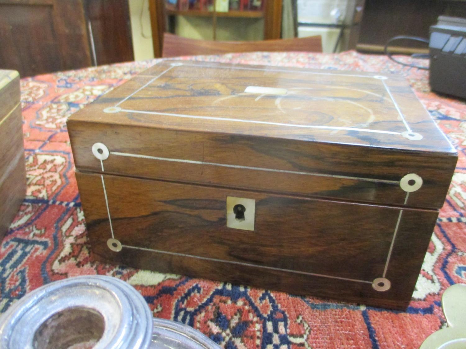 A Regency tea caddy, a Victorian rosewood jewellery box inlaid with mother of pearl, mixed hand - Image 3 of 5