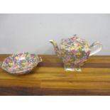 A Royal Winton chintz Hazel pattern teapot and an octagonal, twin handled dish