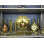 Two pairs of Victorian brass candlesticks and assorted brassware to include a Victorian kettle on