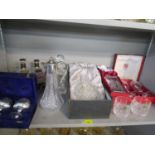 A quantity of glassware to include Schott Weisel cut glass decanter, a pair of boxed brandy