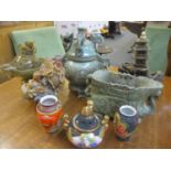 Oriental items to include jade ornaments, soapstone sculpture and three vases
