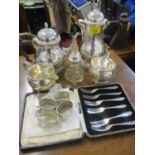 Mixed silver plate to include a four piece service, together with a silver rimmed scent bottle