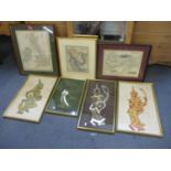 Three framed maps and four Thai figural pictures