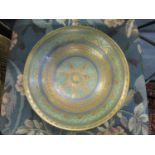 A Mary Rich studio pottery shallow bowl decorated with gilt-work on a turquoise and blue banded