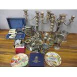 A mixed lot of silver plate to include a candelabra, cased cutlery and other items to include china