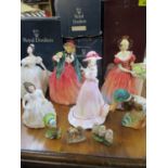 Five Royal Doulton figures of ladies, a Royal Grafton figure of an Edwardian lady and four models of