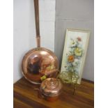 A mixed lot to include a Victorian warming pan, a kettle, a stand and a watercolour signed Elmer