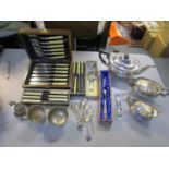 A selection of silver plate to include a three piece teaset, cased fish knives and forks and other