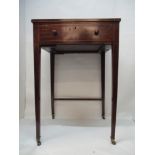 A Regency string inlaid mahogany work table with a rising panel to the back, now reduced in size,