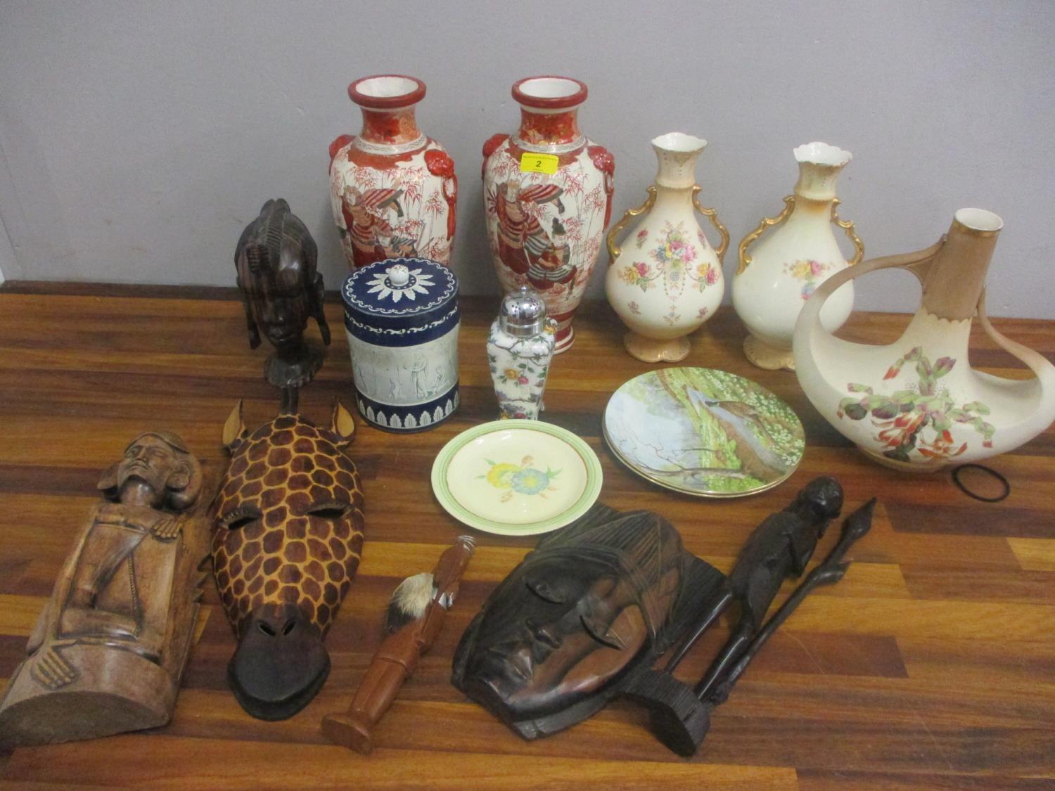 A mixed lot to include Crown Devon vases, a Huntley and Palmer biscuit tin, Japanese vases, a