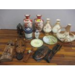 A mixed lot to include Crown Devon vases, a Huntley and Palmer biscuit tin, Japanese vases, a