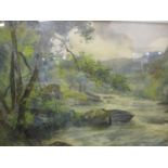 A watercolour depicting a woodland river scene, signed indistinctly to the lower left corner, 14"