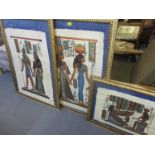 Three Egyptian papyrus pictures, each of figures in glazed, gilt frames