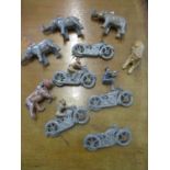 Five vintage lead J Hill & Co motorbikes and three figures, together with a selection of vintage