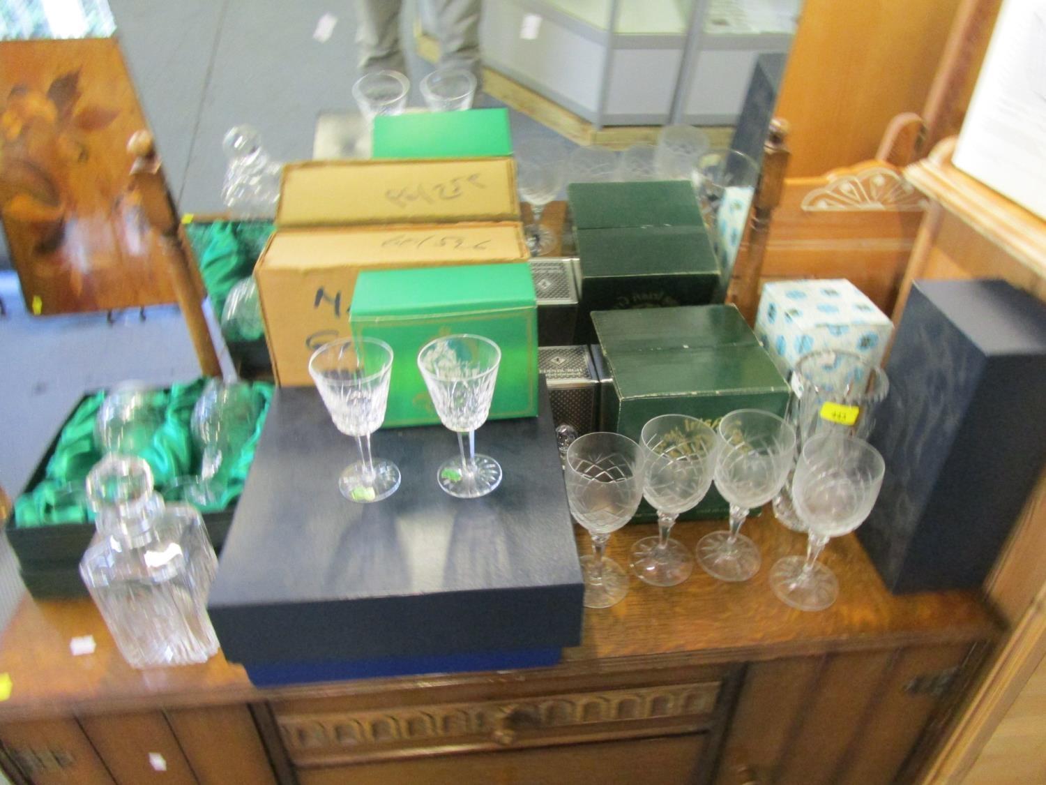 A quantity of cut table glass to include a boxed pair of Waterford glasses