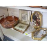 A mixed lot to include cut glass decanters, prints and other items