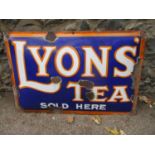 Vintage single sided enamel Lyon's Tea sign in orange, blue and white, 20" x 29"
