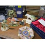 A mixed lot to include a boxed Royal Crown Derby pheasant paperweight, a boxed Aynsley dish, a Mdina