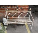 A white painted metal garden bench, 34" x 45" x 19 1/2"