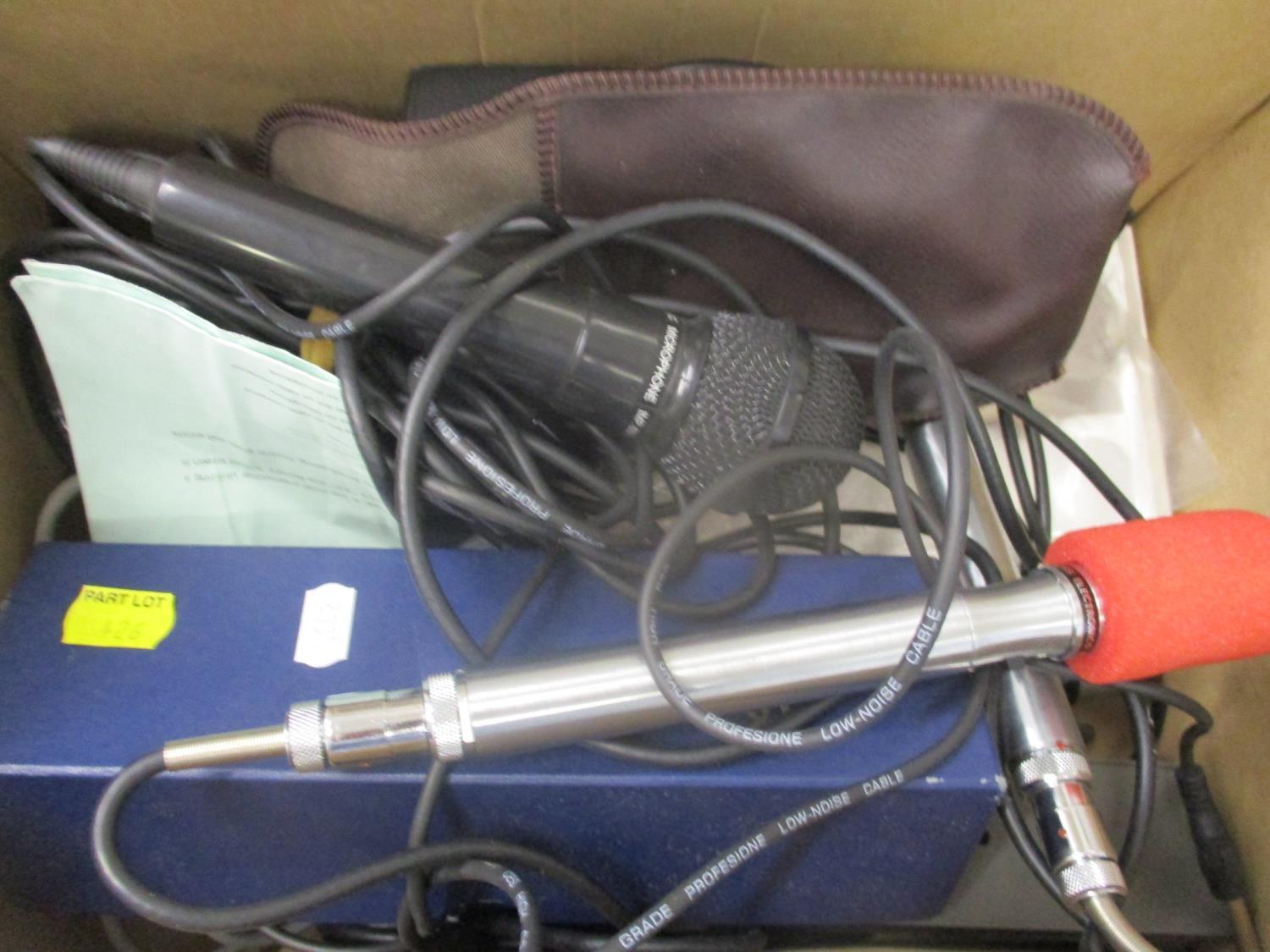 A small selection of electronic recording equipment to include a Ross electronic microphone